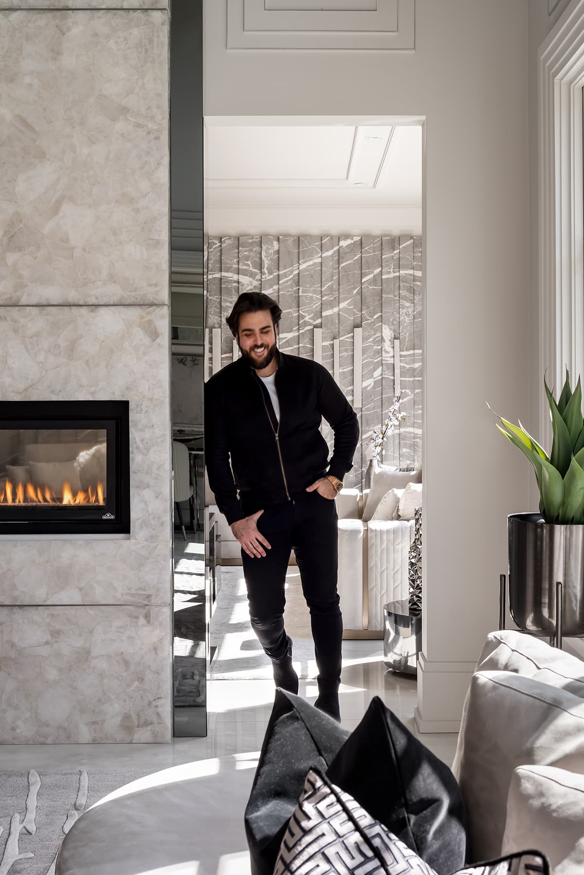 Portrait crop of the hearth and foyer at the landing.