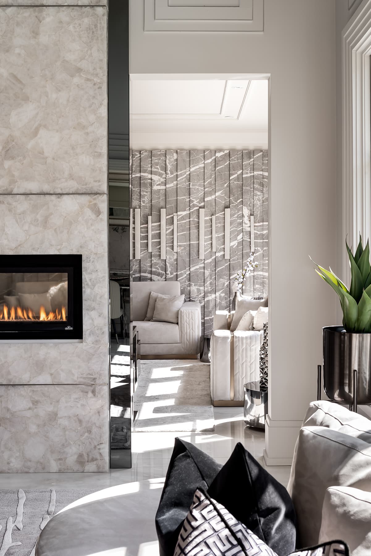 Grand foyer with rain-cluster crystal chandelier.