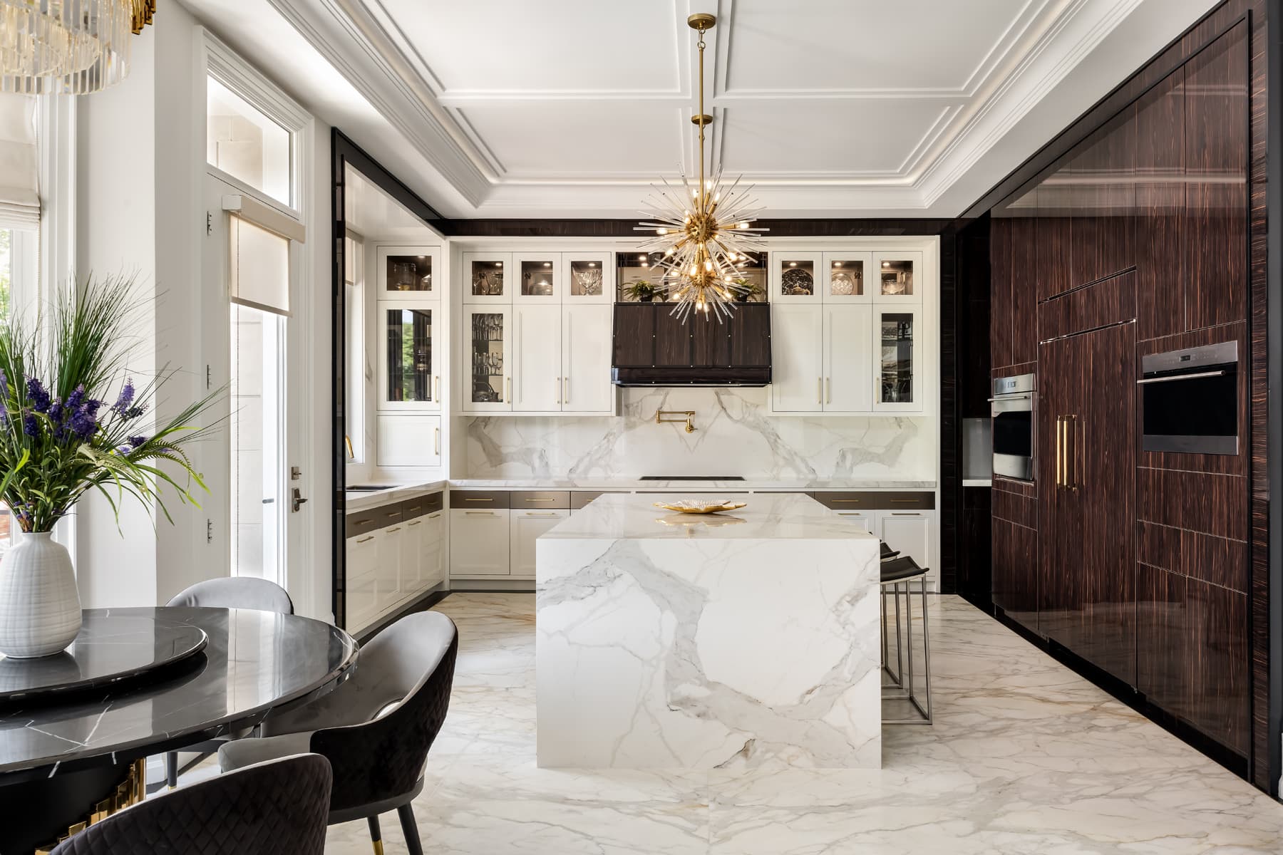 Alternate angle on the formal dining room showing the mirrored ceiling and paneled walls.